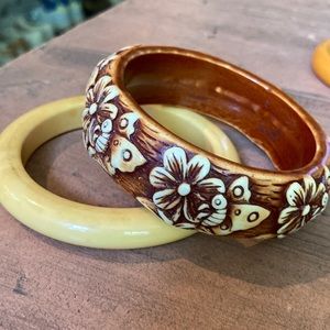 2 Bakelite vintage bracelets: 1 rare brown cream carved floral, 1 butterscotch:)